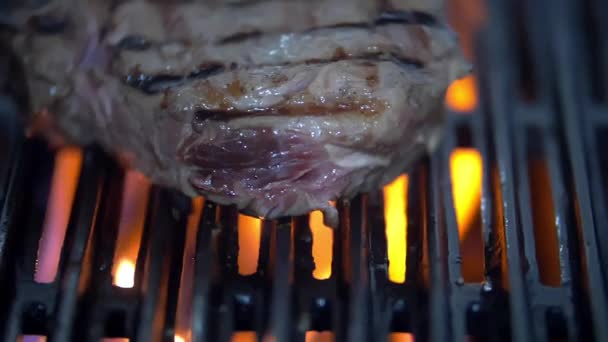 Juicy-looking piece of meat over the fire of a grill — Stock Video