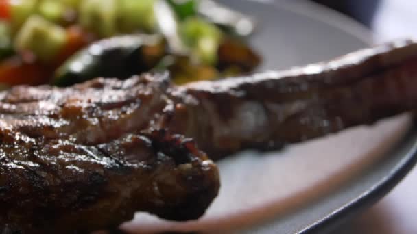Мясо на гриле, салат, жареный лук и перец чили на тарелке — стоковое видео