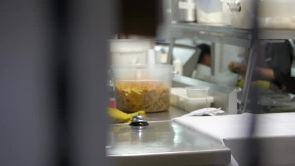 Chef hispano barbudo cocinando en una cocina de restaurante — Vídeos de Stock