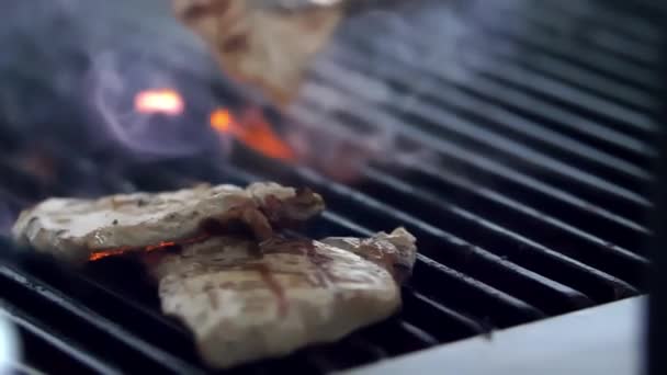 Tasty-looking steaks over the fire of a grill — Stock Video
