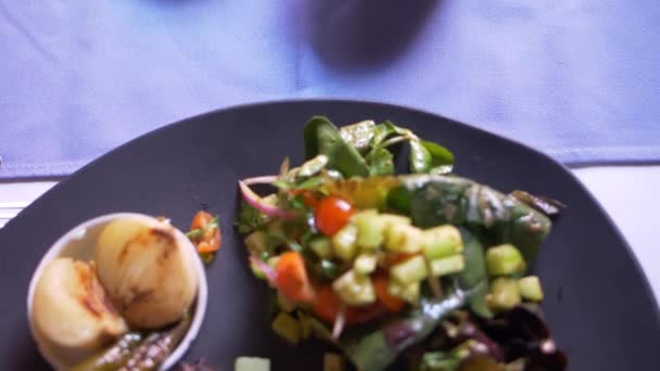 Gegrilltes Fleisch, Salat, geröstete Zwiebeln und Chilischoten auf dem Teller — Stockvideo