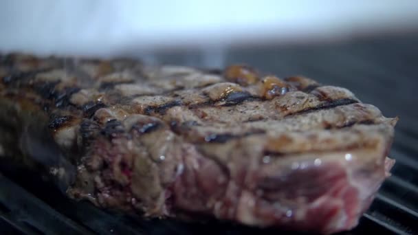 Jugoso y ahumado pedazo de carne en una parrilla — Vídeos de Stock