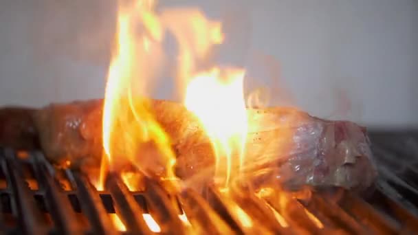 Izgarada ateşe bulanmış sulu bir et parçası. — Stok video