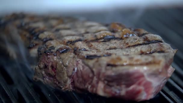 Šťavnatý a kouřový kus masa na grilu — Stock video