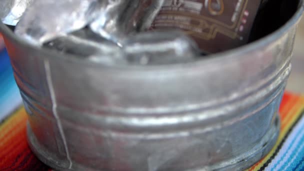Dvě láhve řemeslného piva v kbelíku na led — Stock video