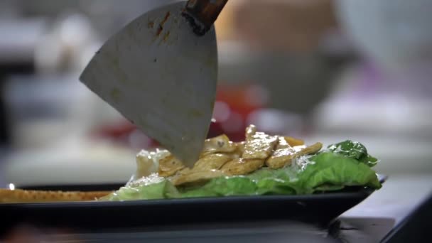 Χέρι με σπάτουλα προσθέτοντας κοτόπουλο κομμένο σε φέτες πάνω από μαρούλι — Αρχείο Βίντεο