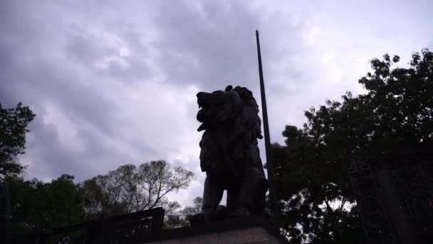 Vista de baixo ângulo de uma estátua de leão com céu nublado como fundo — Vídeo de Stock