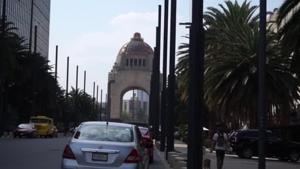 Monumento à Revolução a partir do meio da rua cercado por palmeiras — Vídeo de Stock
