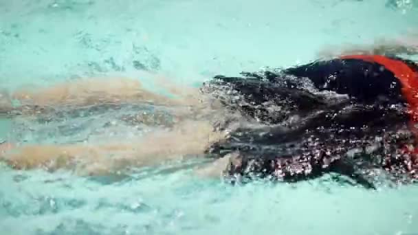 Hombre joven nadando en la piscina en cámara lenta — Vídeo de stock