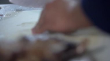 Bir parça eti yavaşça dilimleyen elleri pişir.