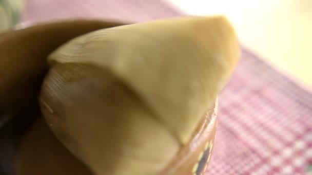 Tamale in clay bowl above a white and red checkered tablecloth — Stock Video