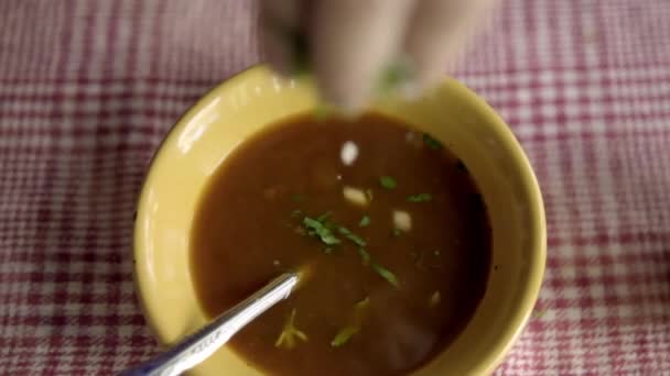 Bowl of Mexican naudanlihaa muhennos valkoinen ja punainen ruudullinen pöytäliina — kuvapankkivideo