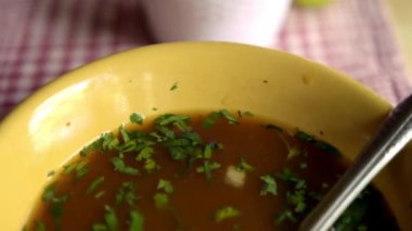 Kareli masa örtüsü üzerinde güveç, kişniş ve soğan.