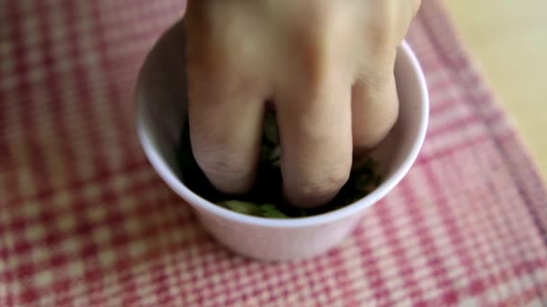男性手从白碗中挑取香菜和洋葱 — 图库视频影像