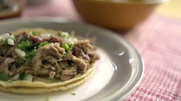 Hovězí barbacoa taco na bílém talíři s rozmazaným pozadím — Stock video