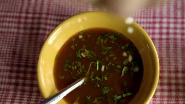 Bowl of Mexican beef stew on a white and red checkered tablecloth — Stock Video