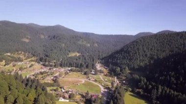 Küçük bir kasaba ve uzak dağları olan bir orman.