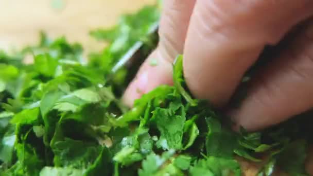 Primer plano del cilantro picado en una tabla de cortar — Vídeos de Stock