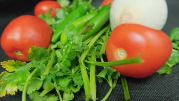 Papryka chili, cebula i pomidory powyżej kolendry — Wideo stockowe