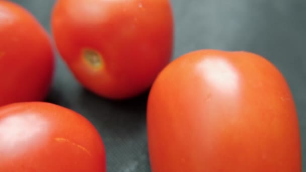 Primer plano de los tomates frescos sobre una mesa azul oscuro — Vídeo de stock