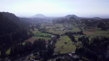 Tarlalar ve uzak dağları olan bir orman.