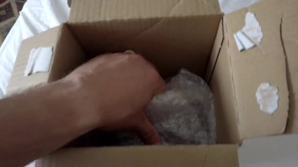 Boîte en carton à ouverture manuelle masculine au-dessus d'un lit blanc — Video
