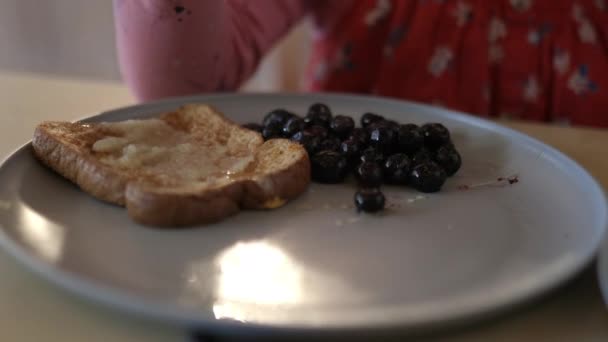 Dětské ženské ruce jedí borůvky a francouzský toust — Stock video