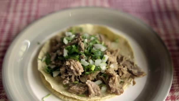 Rundvlees barbacoa taco boven een wit en rood geruite tafelkleed — Stockvideo