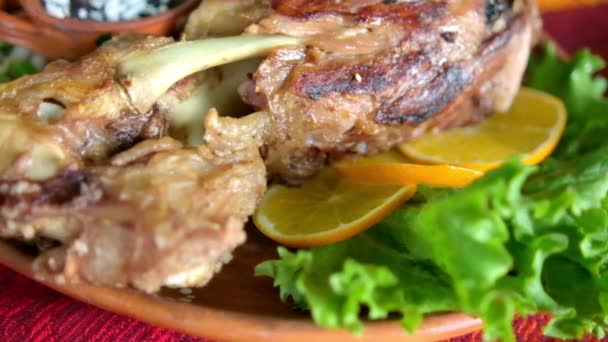 Sült hús zöldségekkel és újramelegített babbal színes asztalterítőn — Stock videók