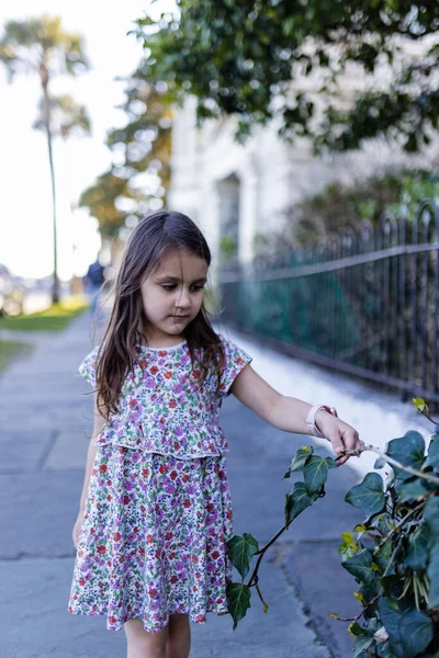Милая маленькая девочка в цветущем платье трогает куст на улице — стоковое фото