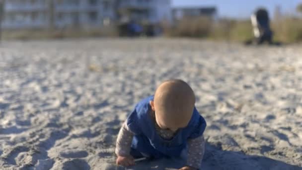 Happy baby schattig kruipen op grijs zand met wazige achtergrond — Stockvideo