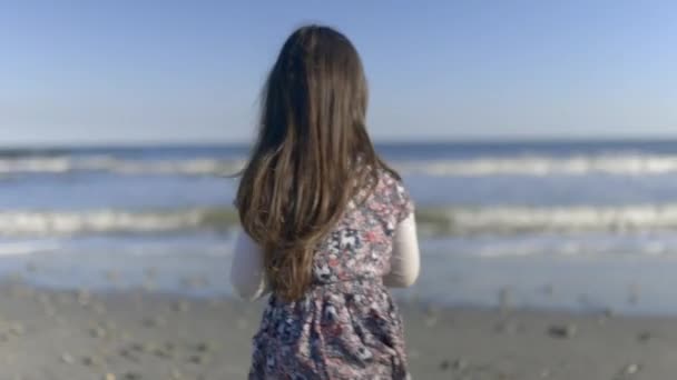 Adorable niña en la playa con hermoso mar y cielo como fondo — Vídeo de stock