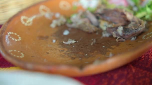 Mexican chopped lamb meat and sliced nopales on clay plate — Stock Video