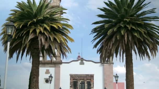 Pintu masuk gereja tua Meksiko dikelilingi oleh semak-semak dan dua pohon palem — Stok Video
