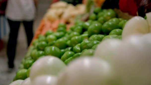 五彩斑斓的蔬菜里有洋葱、绿色西红柿、甜椒等等 — 图库视频影像