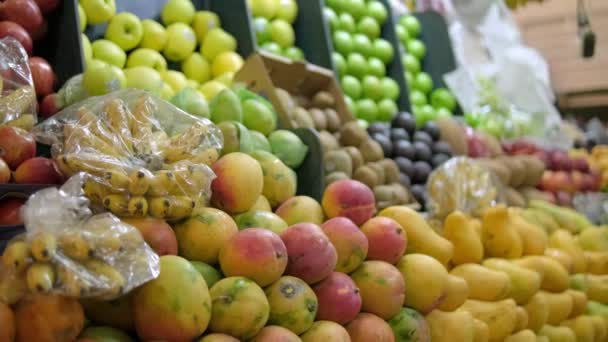 Mandalinalı, elmalı, mangolu, muzlu, renkli meyve standı. — Stok video