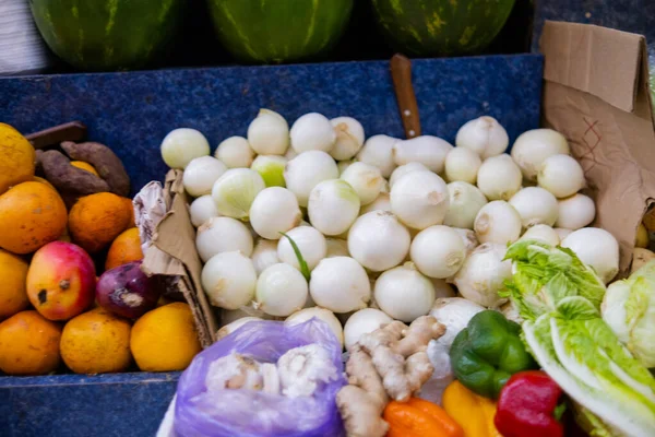 Kleurrijke fruitstandaard met watermeloenen, sinaasappels, mango 's en meer — Stockfoto