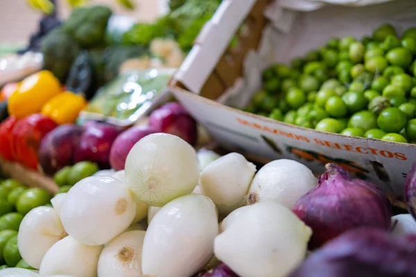 Legumes coloridos estão com cebola, tomate verde, pimentão e muito mais — Fotografia de Stock