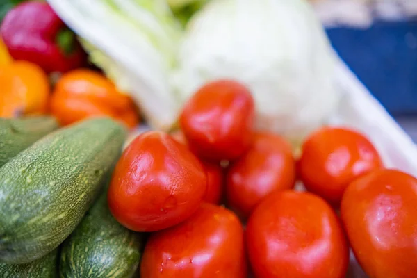 토마토, 주치 니 등 다양 한 색상의 야채 스탠드를 클로즈업 한 모습 — 스톡 사진