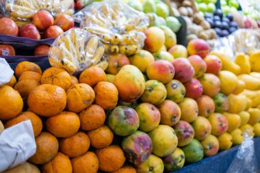 Mandalinalı, elmalı, mangolu, muzlu, renkli meyve standı.