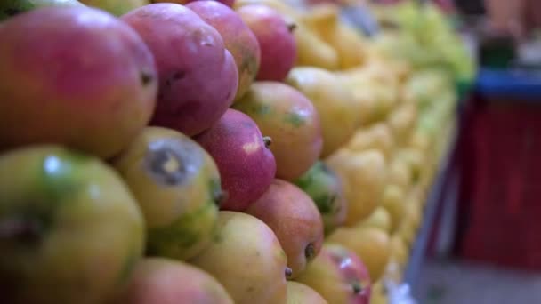 Close-up dari kios buah berwarna-warni dengan mangga segar — Stok Video