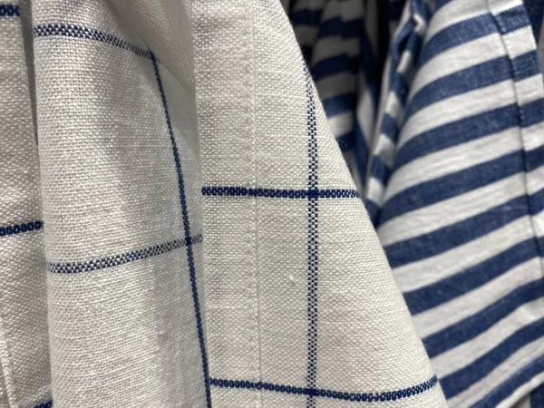 Matériau Blanc Coton Naturel Rayures Bleues Tissu Carreaux — Photo