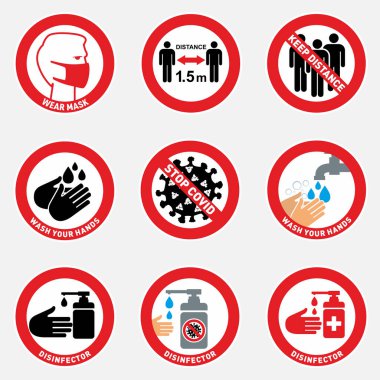 Corona virüsü bilgi simgeleri oluşturdu. Koruyucu güvenlik önlemleri ve önlem uyarısı içeren kavram, koronavirüs, 2019-nCoV, COVID-19 enfeksiyonuyla ilgili antivirüs ikonlarına işaret ediyor. - Kırmızı Yol İşareti Biçiminde Bilgi Grafikleri