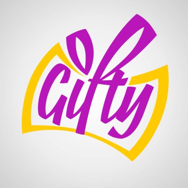 Vektör hediyelik eşya dükkanı logosu tasarım şablonu. Vektör, Amblem, Tasarım Konsepti, Sembol, Simge. İlham işareti logosu üzerinde kurdele olan menekşe metin devi sarı bir kutu..