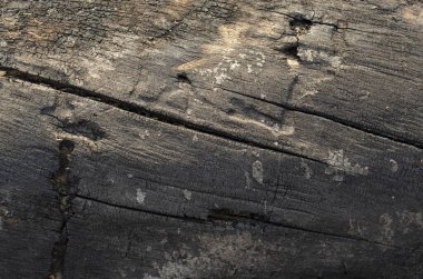 Ahşap kömürleşmiş arka plan dokusu ve büyük bir çatlak. Siyah soyut arka plan. Ahşap yapı