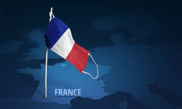 Fransa maskesi mavi üzerine dünya haritası desenli arka plan. Direğe tıbbi maske takmış Fransa bayrağı sallıyor. Virüs saldırısı bayrağı. Salgın koronavirüs COVID-19 'a karşı mücadele bayrağı kavramı. Boşluğu kopyala