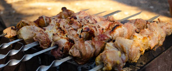 Shashlik Shish Kebab Bereiden Barbecue Grill Hete Houtskool Gegrilde Stukken — Stockfoto