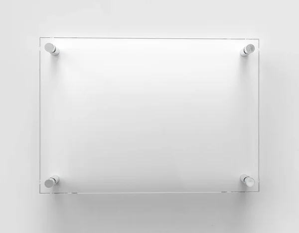 Blank A4 przezroczyste szkło biuro korporacyjne Tabliczka znamionowa Mock Up Template, Clear Printing Board for Branding, Logo. Przezroczysty akrylowy szyld reklamowy makieta widok z przodu. Renderowanie 3D — Zdjęcie stockowe