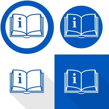 Kullanma kılavuzu işaretine bak. Üzerinde açık kitap ve bilgi işareti olan dairesel mavi tabelanın vektör çizimi. İşe başlamadan önce talimat kitapçığını oku. Güvenlik etiketi.