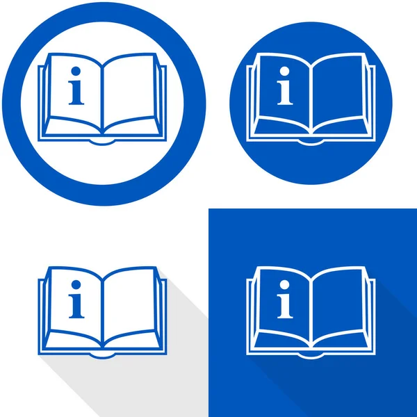 Kullanma kılavuzu işaretine bak. Üzerinde açık kitap ve bilgi işareti olan dairesel mavi tabelanın vektör çizimi. İşe başlamadan önce talimat kitapçığını oku. Güvenlik etiketi.